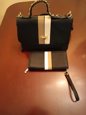 Bandolera negra y a rayas crema/beige + linda cartera a juego cartera de abeja con joyas Foto 1 de 4