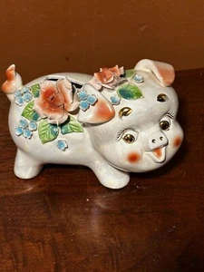 Vintage Keramik Schwein Sparschwein irisierend rosa Rose Blumen G&W Japan Bauernhof - Bild 1 von 6