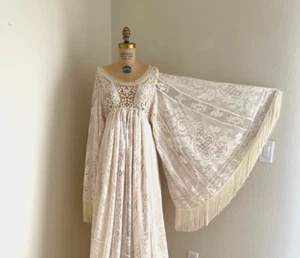 Boho Ivory Lace Bell Sleeve Wedding Dress Maternity Photoshoot Gown w Fringe - Picture 1 of 11