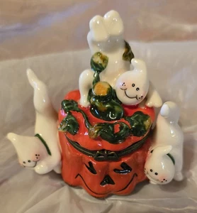 Playful Ghosts Porzellan 3,5" aufklappbare Schmuckschatulle mit Kürbis Jack Laterne - Bild 1 von 3