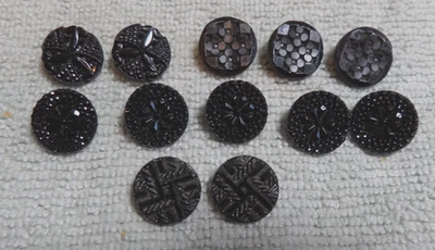 12 Vintage Antique Black Glass Picture Buttons FANCY FLOWER DESIGNS - Image 1 of 4