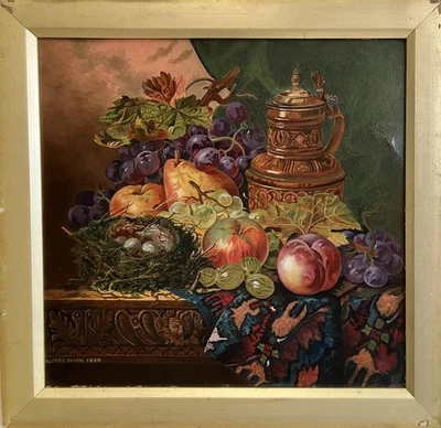 Antigua pintura al óleo bodegón británico nido de pájaros y fruta de Alfred Wren 1899 Foto 1 de 4
