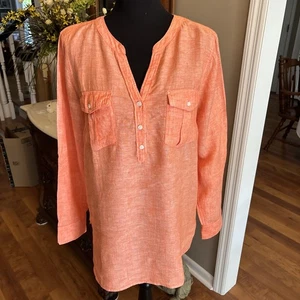 Talbots Womens Sz Large 100% Linen Orange Popover Top Lagenlook Pockets - Picture 1 of 6