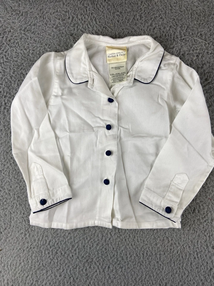 Camisa blanca vintage Laura Ashley azul marino cuello algodón botones 2T Foto 1 de 4