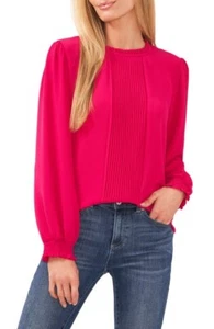 CeCe Pintucked Long-Sleeve Blouse Women's M Bright Geranium Back Button Closure~ - Picture 1 of 15