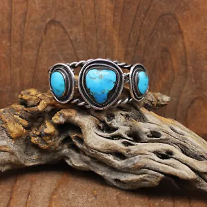 Vintage Sterling Silver Three Stone Turquoise Cuff Bracelet - Picture 1 of 5