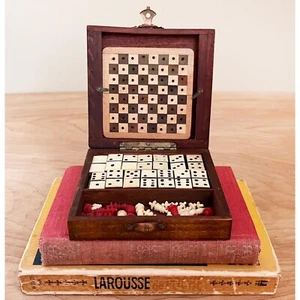 Antique Miniature Austrian Chess & Dominos Set in Wood Box ~ Rare but Incomplete - Picture 1 of 9