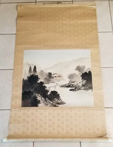 VTG. JAPANESE CHINESE ASIAN LANDSCAPE HUT BRIDGE HANGING SILK SCROLL PAINTING - Picture 1 of 8