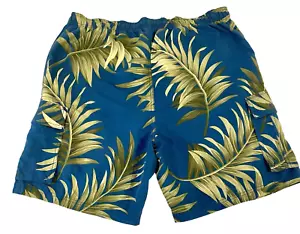 Caribbean Joe Swim Trunks Men's Sz Lg Blue Green Palm Leaves 5 Pockets Tropical - Picture 1 of 8