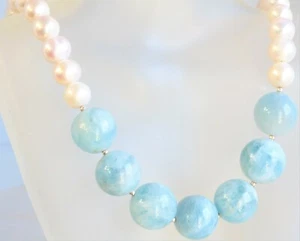 NATURAL BLUE LARGE MILKY AQUAMARINE WHITE PEARL 925 Silver NECKLACE Joy's Jewels - Picture 1 of 9