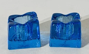 Vintage Wheaton Nuline New Jersey Cobalt Blue Glass Square Candle Holders x 2 - Picture 1 of 4