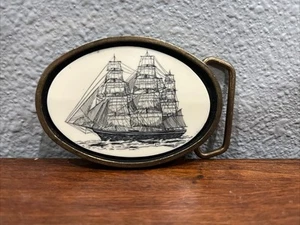 Clipper Ship Dress Belt Buckle Sailing Brass Faux Scrimshaw Vtg Brass - Picture 1 of 3