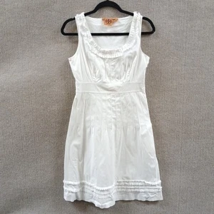 Tory Burch Cotton Spandex Ruffle Day Dress Women's 6 White Lined Flared - Picture 1 of 14