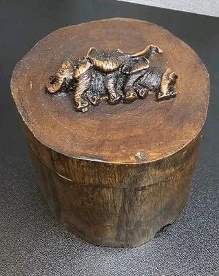 Teak Wood Log Box Trinket Jewelry Rotate Lid Trunk Up Elephant Vintage Round 3" - Image 1 of 4