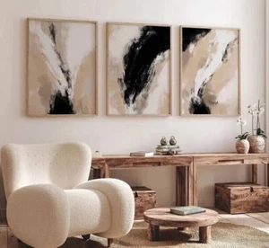 Set 3 stampe artistiche nordiche nordiche neutre nere beige semplici poster arte astratta - Foto 1 di 5