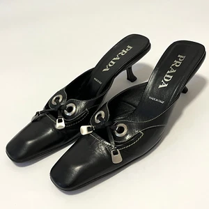 Vintage PRADA Square Toe Logo Pumps Kitten Heels Sandals 39 IT Black Y2K 90s - Picture 1 of 24