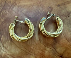 Vintage Napier Earrings Door Knocker Clip On Gold Tone Double Hoop Rope Twist - Picture 1 of 9