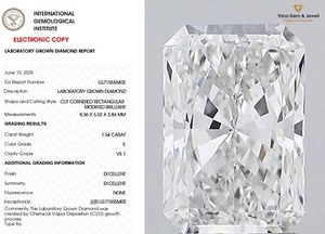 1.54 Carat CVD Lab Grown Radiant Diamond Cut E Color VS1 Clarity IGI Certificate - Picture 1 of 10