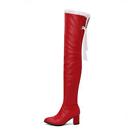 Womens Chunky Heel Over The Knee High Boots Square Toe Side Zip Lace Decor Shoes