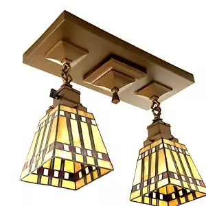 Plafoniera antica Repro bronzo dorato stile artigianale 2 luci paralumi arte - Foto 1 di 24