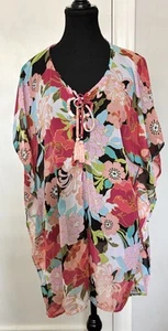 Time And Tru Kaftan L 12-14 Floral Semi-sheer Short sleeves Swim Cover Up - Picture 1 of 9