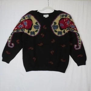 Roberta Frost Hand Knitted Womens Wool Sweater Paisley Floral Black Small - Picture 1 of 12