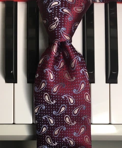 JOHN LANGFORD/London Luxus perlweiß & blau Paisley auf weinroter Seidenkrawatte - Bild 1 von 9