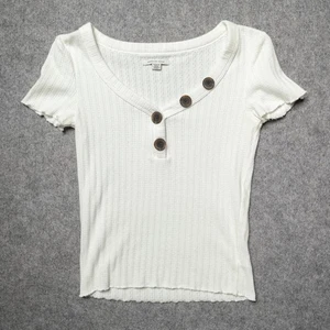 Camisa para mujer American Eagle mediana blanca acanalada con botones delanteros manga corta - Imagen 1 de 10