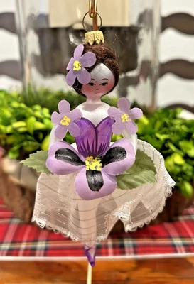 Vtg SOFFIERIA DE CARLINI Italy Glass Purple Flower Ballerina Christmas Ornament - Image 1 of 4