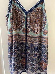 Women’s Boho Tank Top Cami Blouse Crochet Mixed Print Size L Mothers Day - Picture 1 of 6
