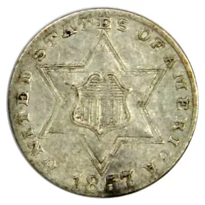 1857 THREE CENT SILVER ~ ORIGINAL AU ABOUT UNCIRCULATED ~ PRICED RIGHT! - Picture 1 of 2