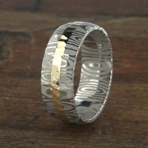 New 8mm Wide Damascus Steel Ring with a Solid 14k Gold Inlay - Picture 1 of 5