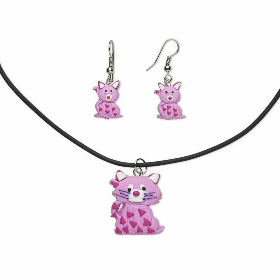 Juego de pendientes collar de arcilla polimérica Fimo gatos gatitos rosas hechos a mano Foto 1 de 1