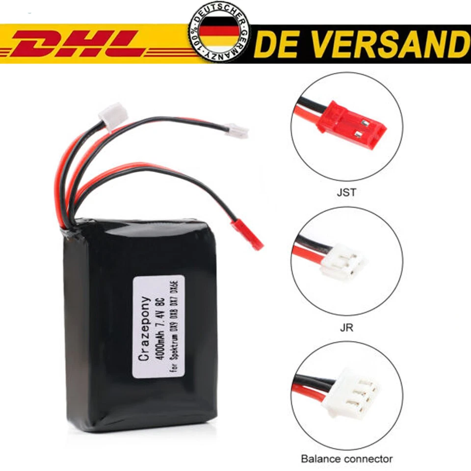 Für Spektrum DX9 DX8 DX7 DX6E Sender Lipo Akku 2S1P 4000mAh JST JR Stecker - Bild 1 von 4