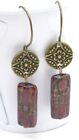 Deep Red Czech Picasso Glass Flower Earrings, Bronze, Bohemian, 1.5"