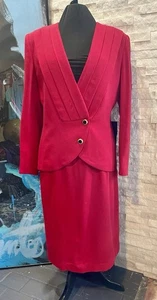 Vintage Albert Nipon Red 100% Wool Skirt Suit Set Fully Lined Size 12  - Picture 1 of 18
