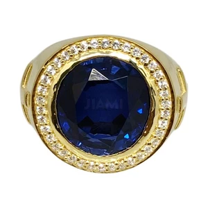 Men’s Bishop Ring Simulated Blue Sapphire Moissanite Oval Solid 10k Yellow Gold - Picture 1 of 10