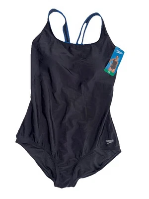 Nuevo traje de baño Speedo Ultraback de una pieza negro con ribete azul real para mujer XL Foto 1 de 4