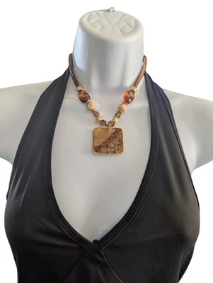 AJ12 - винтажный Laura Ashley коричневый бисером золотой тон эмали заявление ожерелье - Изображение 1 из 4