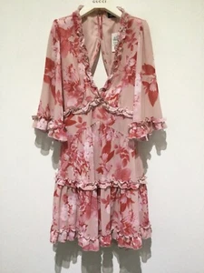 Dotti summer dress size 8 XS BNWT lined pink floral frill low back cutaway - Picture 1 of 12