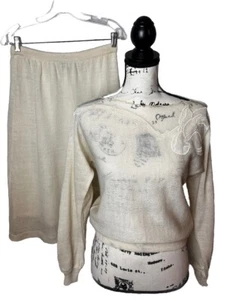 VTG Vanessa Sweater Skirt Set Ivory Sheer Neckline Knit Lined Sz 10 2-piece - Picture 1 of 23