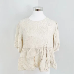 Atmos&Here Linen Blend Top Womens Size 10 Beige Short Sleeve Relaxed Fit New - Picture 1 of 10