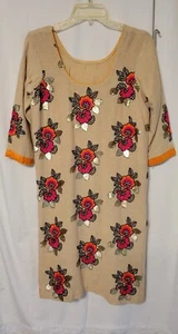 Retro 60er Jahre Kleid Sackleinen Baumwolle mit bestickten Blumen Boho, Handarbeit, Gr. Klein - Bild 1 von 4