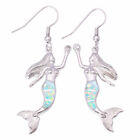 European Fashion Mermaid Silver White Simulated Opal Women Long Drop Earrings Je