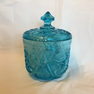 Kemple Aqua Blue Glass Yutec Star 108 Small Covered Biscuit Jar - Glows 365 UV - Picture 1 of 24
