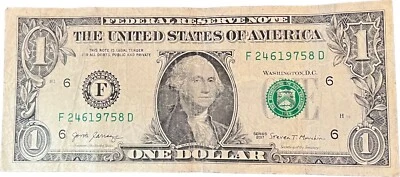 $1 Dollar Bill Fancy Serial Number 24619758 birthday / anniversary June 24, 1975 - Image 1 of 3