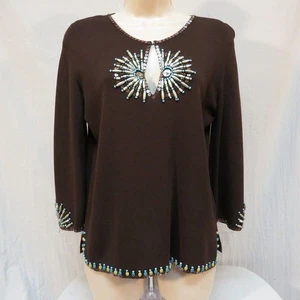 VTG J.A.C. Beaded Embellished Knit Top Brown Long Sleeve Keyhole Blouse Size XL - Picture 1 of 9