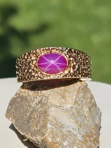 14k Yellow Gold Men's Nugget Style Pink Red synthetic cab star ruby Ring 13.2gr - Picture 1 of 5