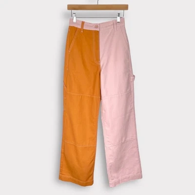 Jeans feminino Topshop 4 rosa laranja carpinteiro perna reta cintura alta skatista preparação  - Imagem 1 de 4