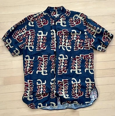 VTG Armani Jeans Hawaiian Shirt XS Blue Red Gold Mandarin AOP Allover 80s 90s - Image 1 of 4